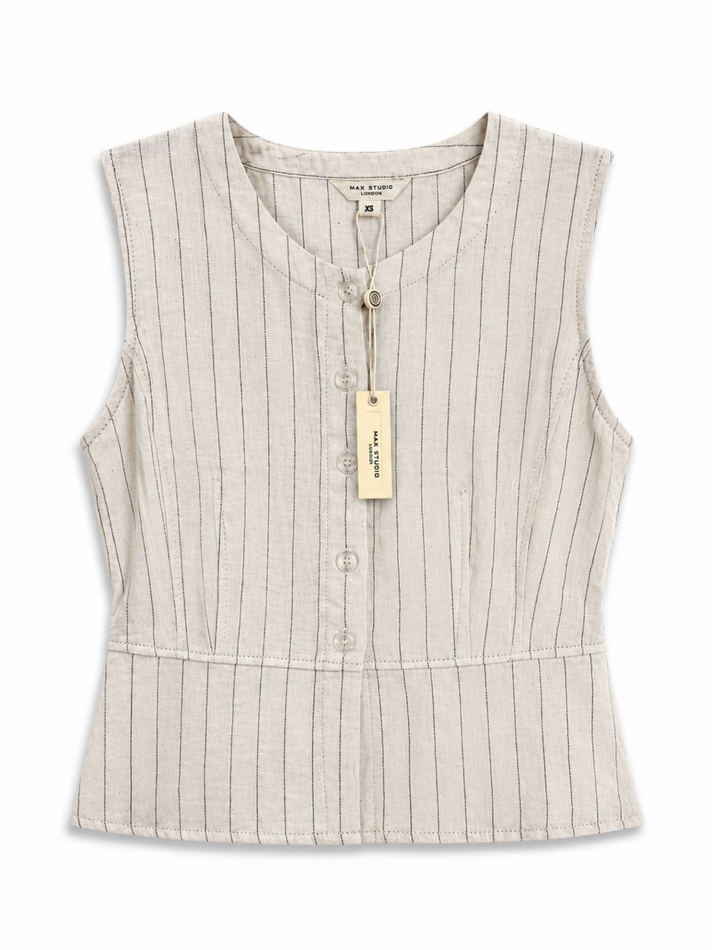NWT Max Studio London XS Peplum Top Ivory Black Stripe Linen Blend $118